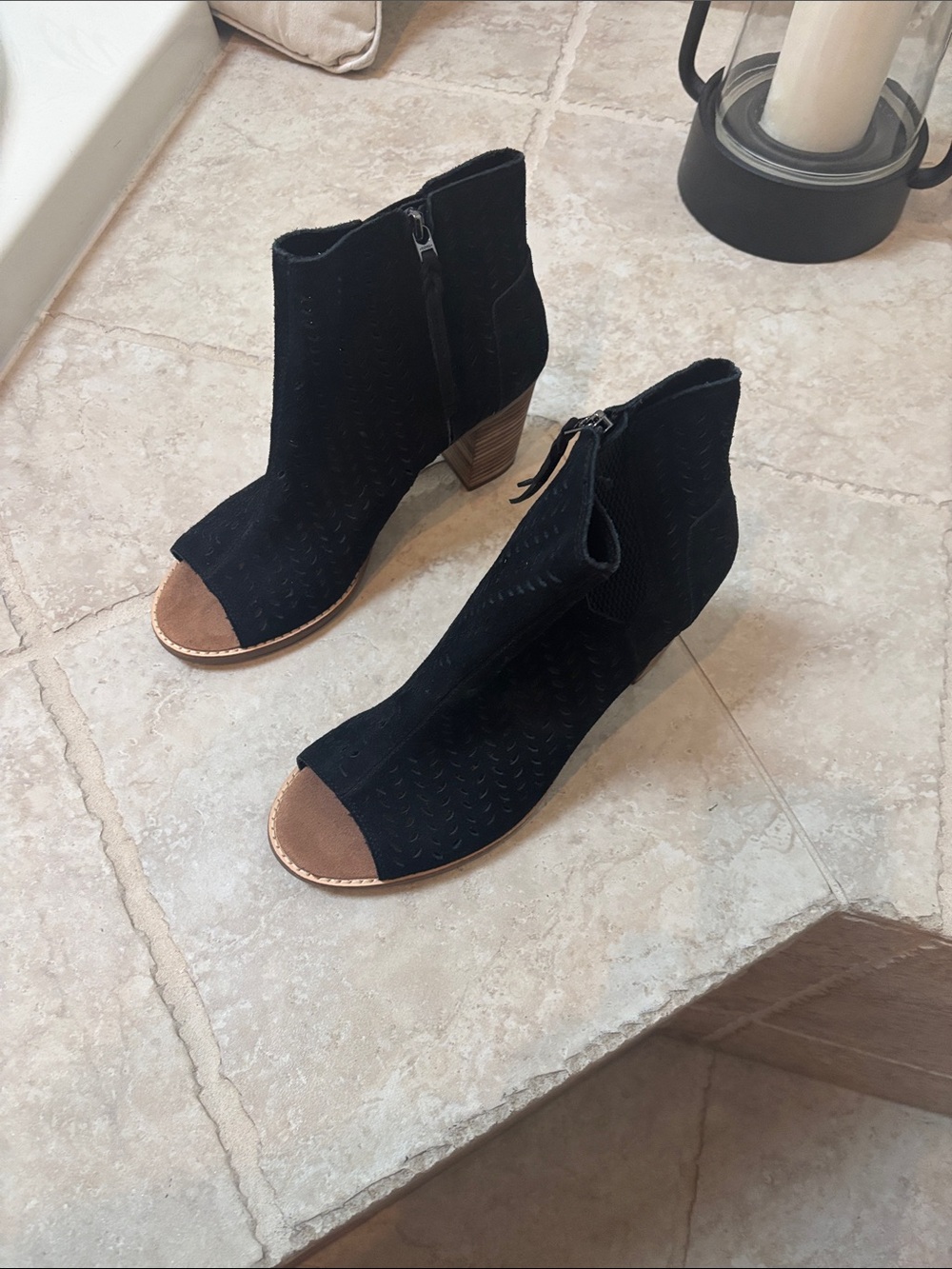 Toms Black Suede Peep-Toe Ankle Booties with Tan Toe